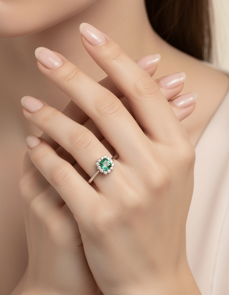 Anello fiore con smeraldo centrale e giro di diamanti-5