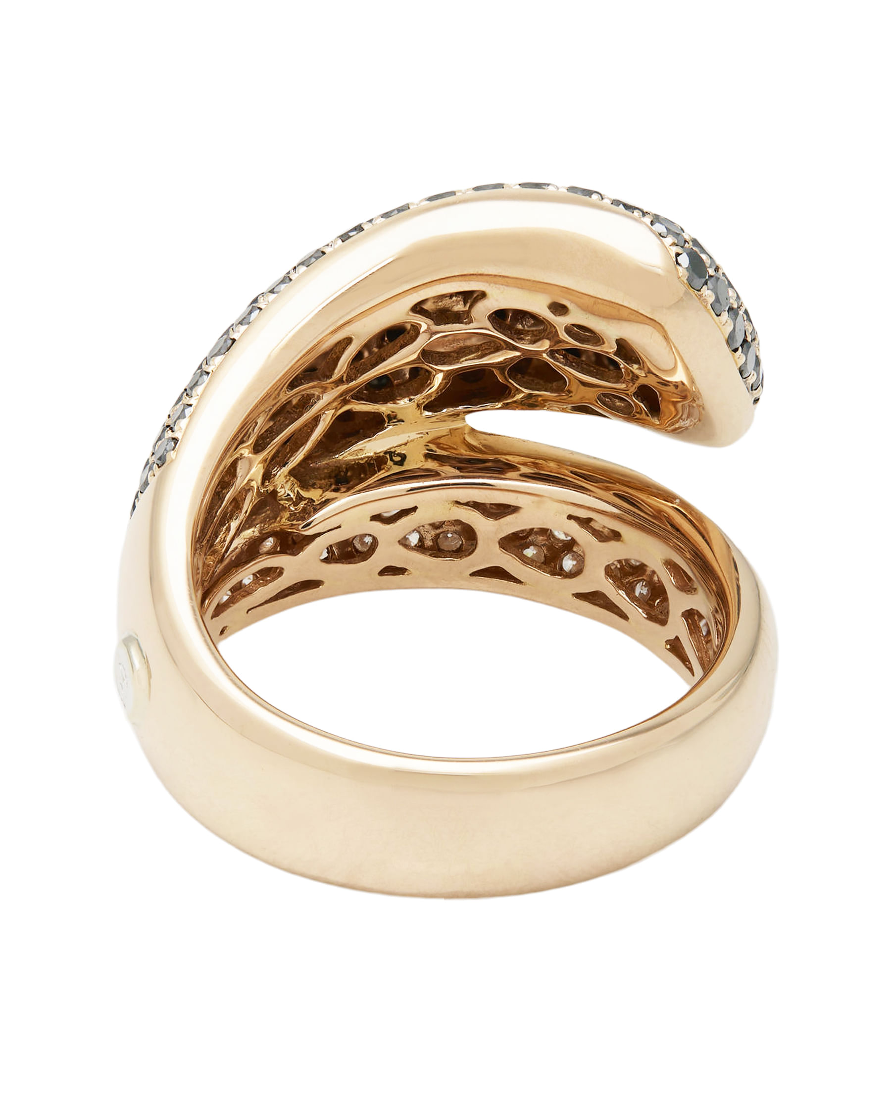 Anello fascia contrariè in oro rosa con diamanti bianchi e neri-3