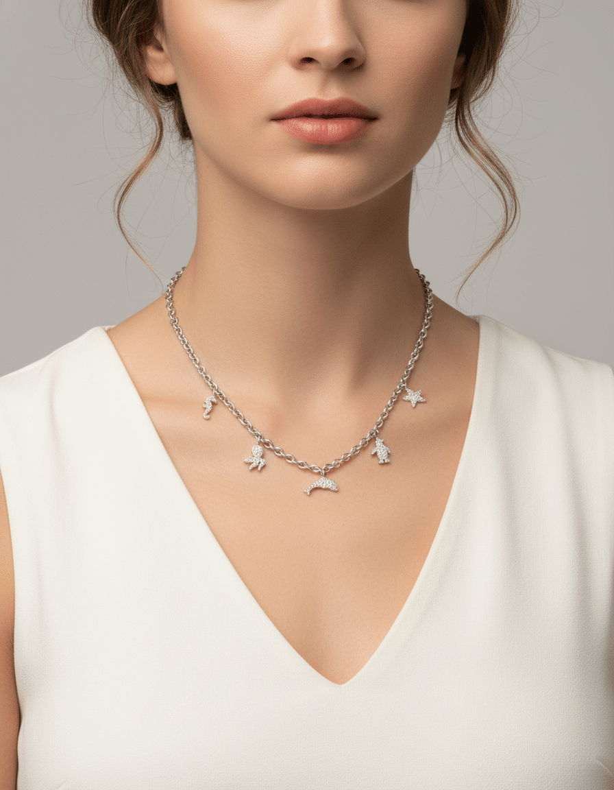 Girocollo in oro bianco maglia con charm marini e diamanti-3