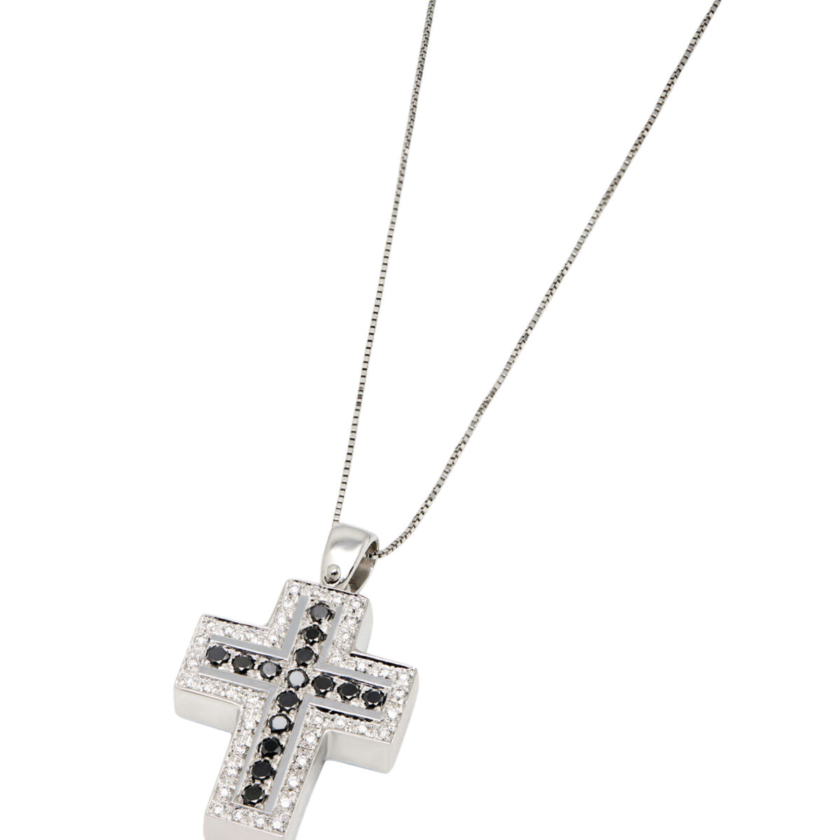 Collana con ciondolo croce in oro bianco con diamanti bianchi e neri-1