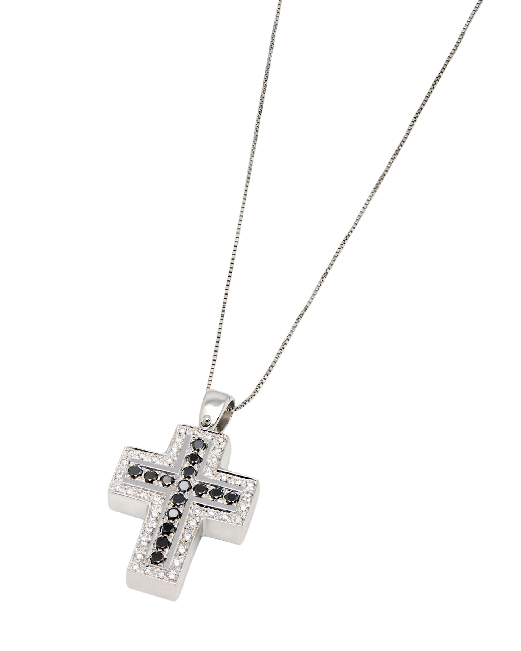 Collana con ciondolo croce in oro bianco con diamanti bianchi e neri-1