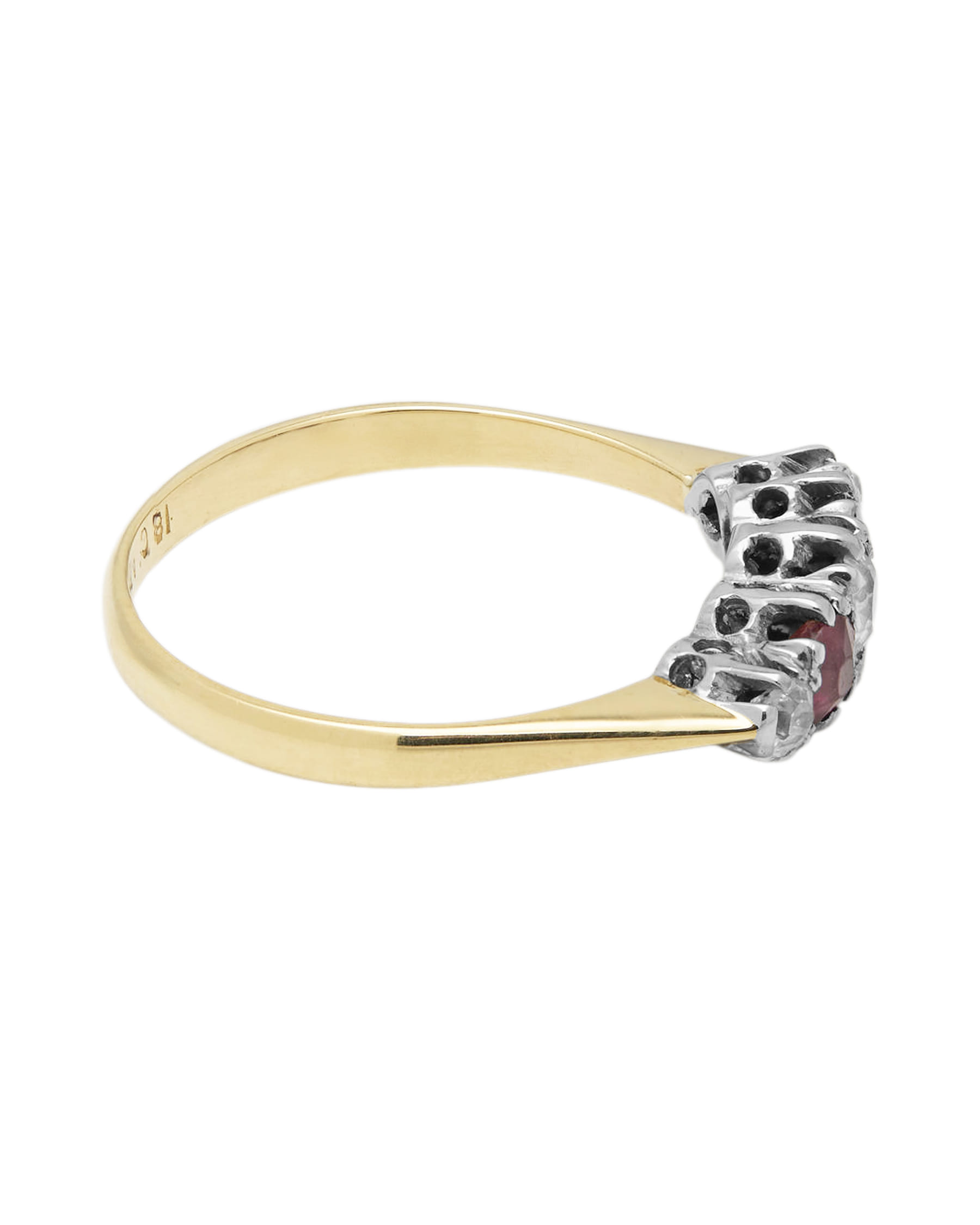 Anello veretta in oro bianco e giallo con rubini e diamanti taglio antico-2