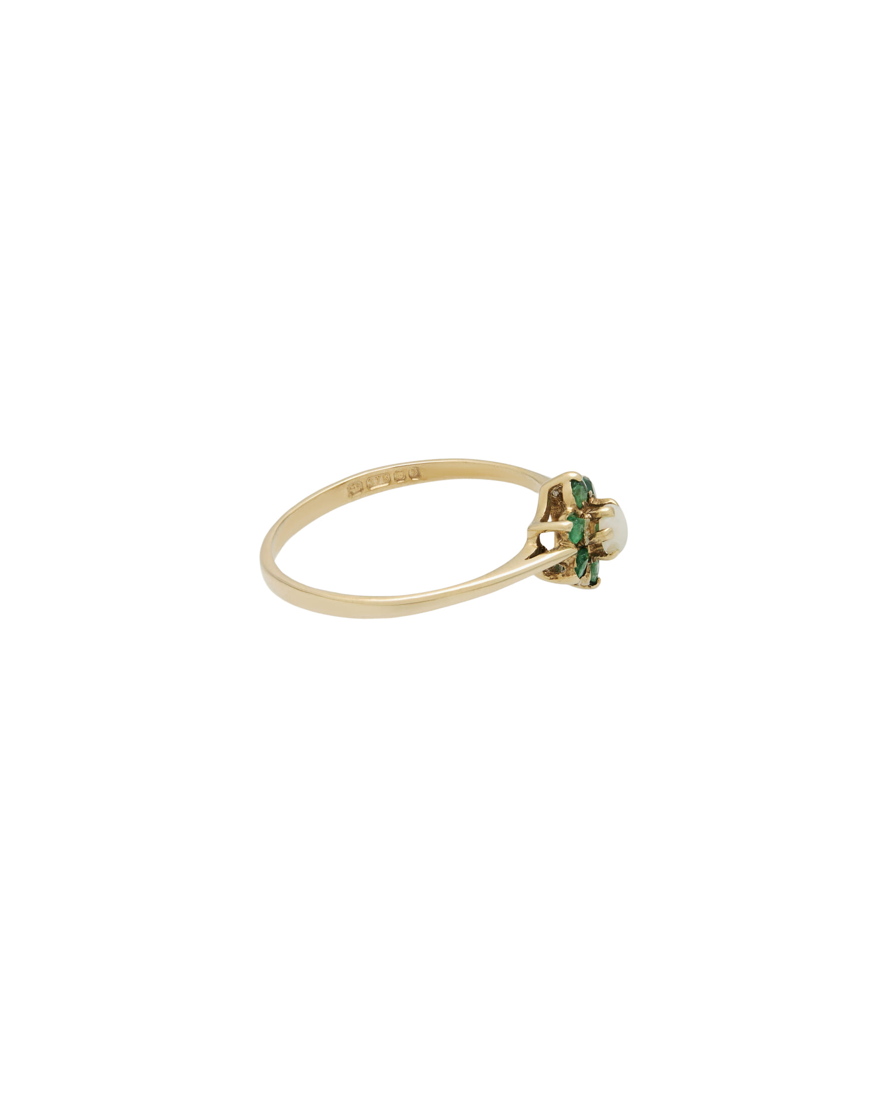 Anello oro giallo fiore con timbri inglesi smeraldi e opale centrale-2
