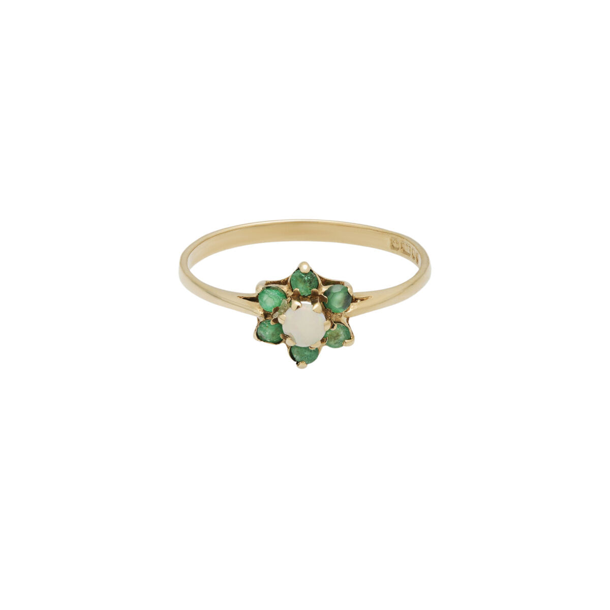Anello oro giallo fiore con timbri inglesi smeraldi e opale centrale-1