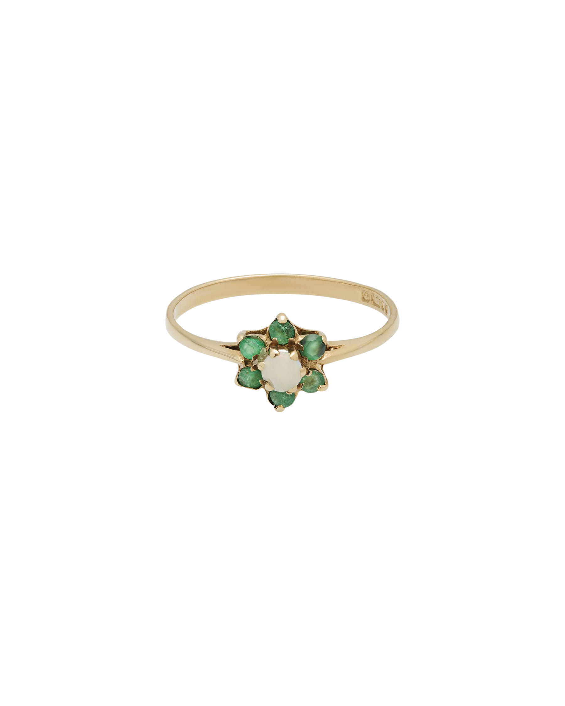 Anello oro giallo fiore con timbri inglesi smeraldi e opale centrale-1