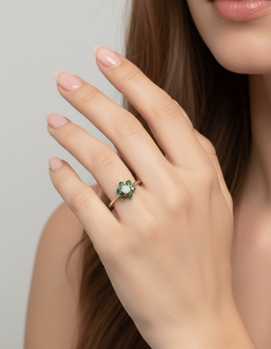 Anello oro giallo fiore con timbri inglesi smeraldi e opale centrale-4
