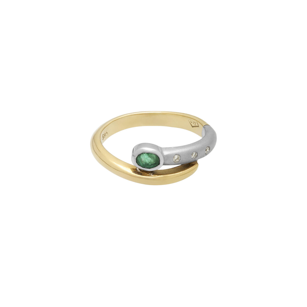 Anello 14 kt in oro giallo lucido e oro bianco satinato con diamanti e smeraldo-1