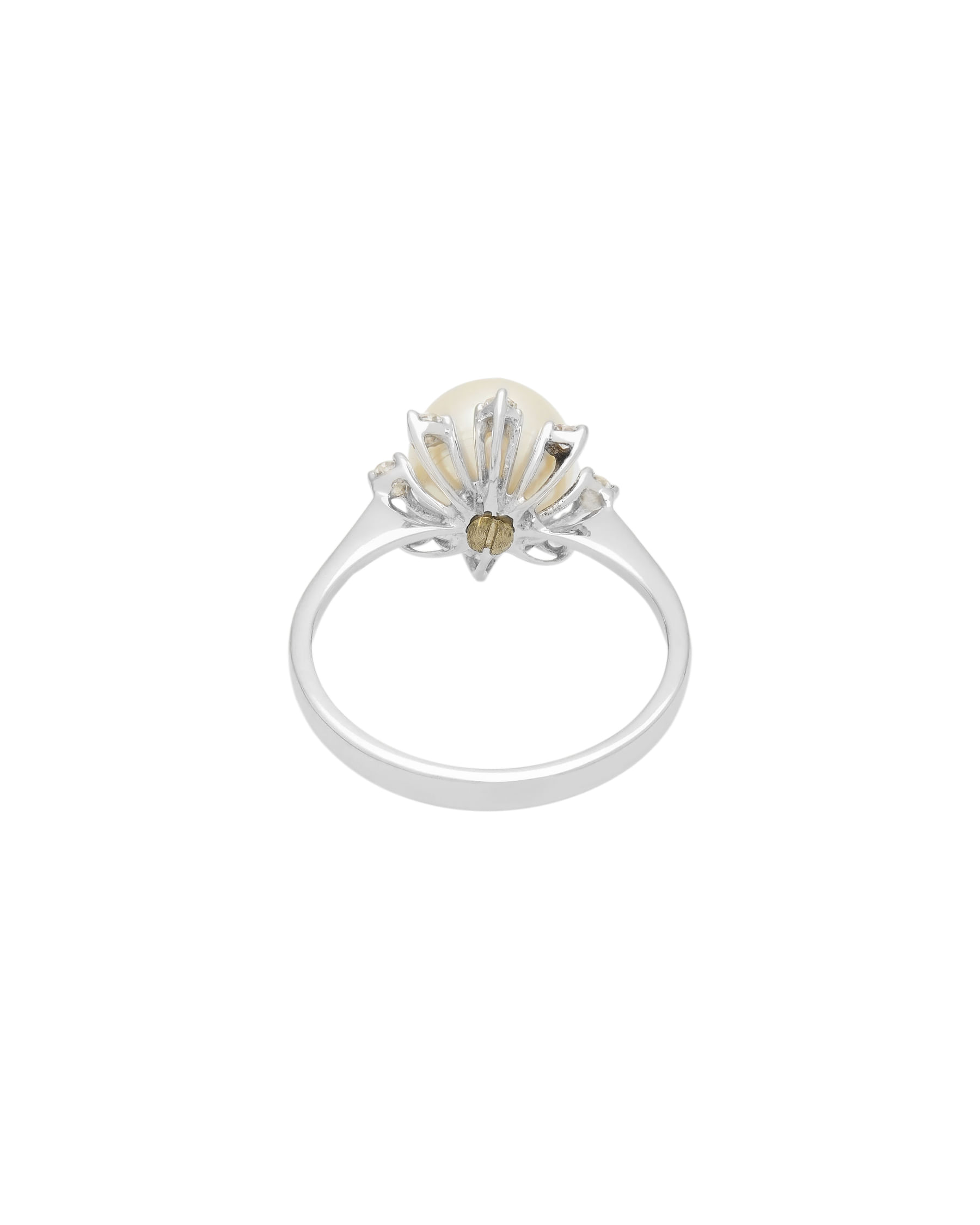 Anello fiore in oro bianco con perla centrale e giro di diamantini-3