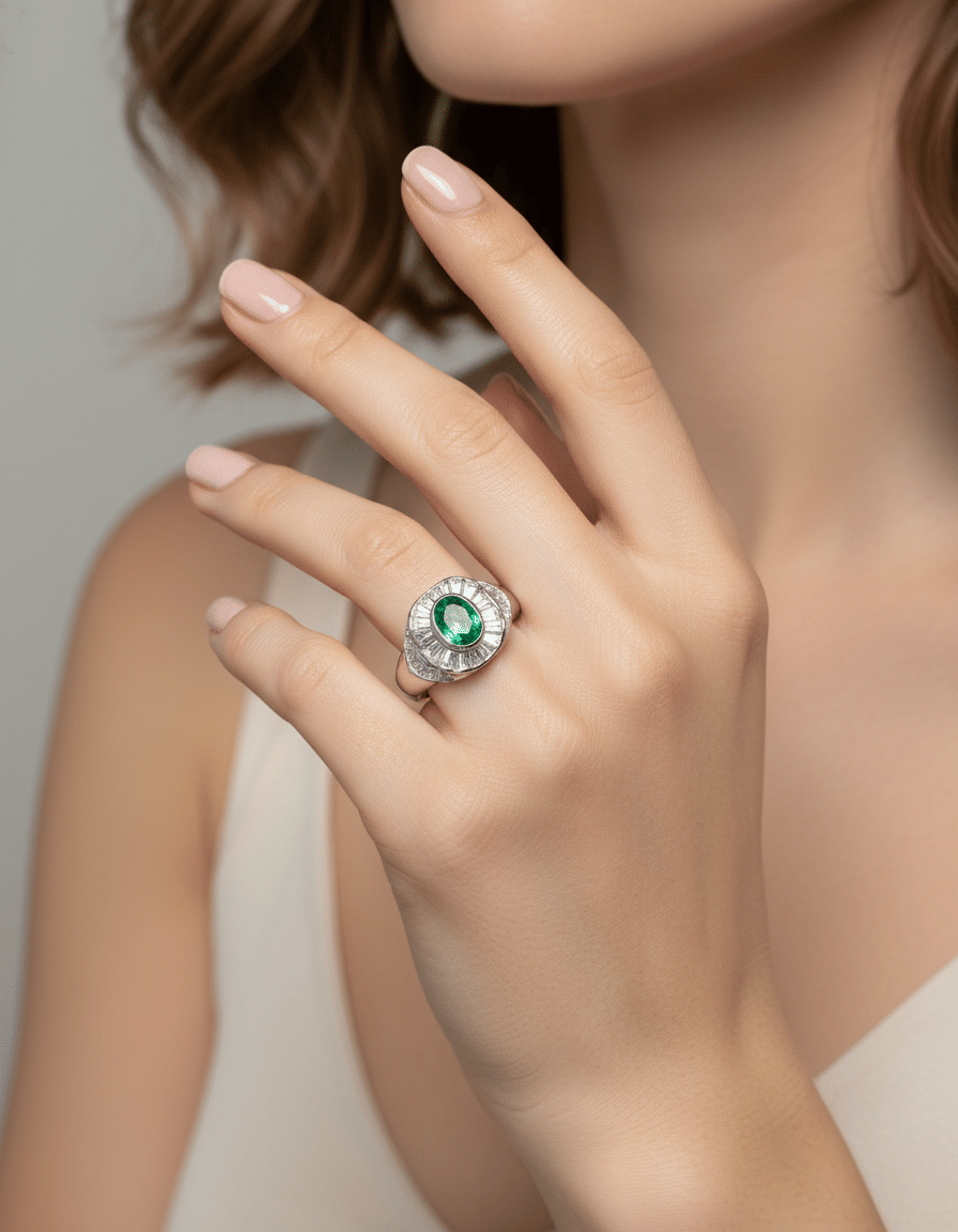 Anello oro bianco con smeraldo centrale e doppio giro di diamanti taper-5