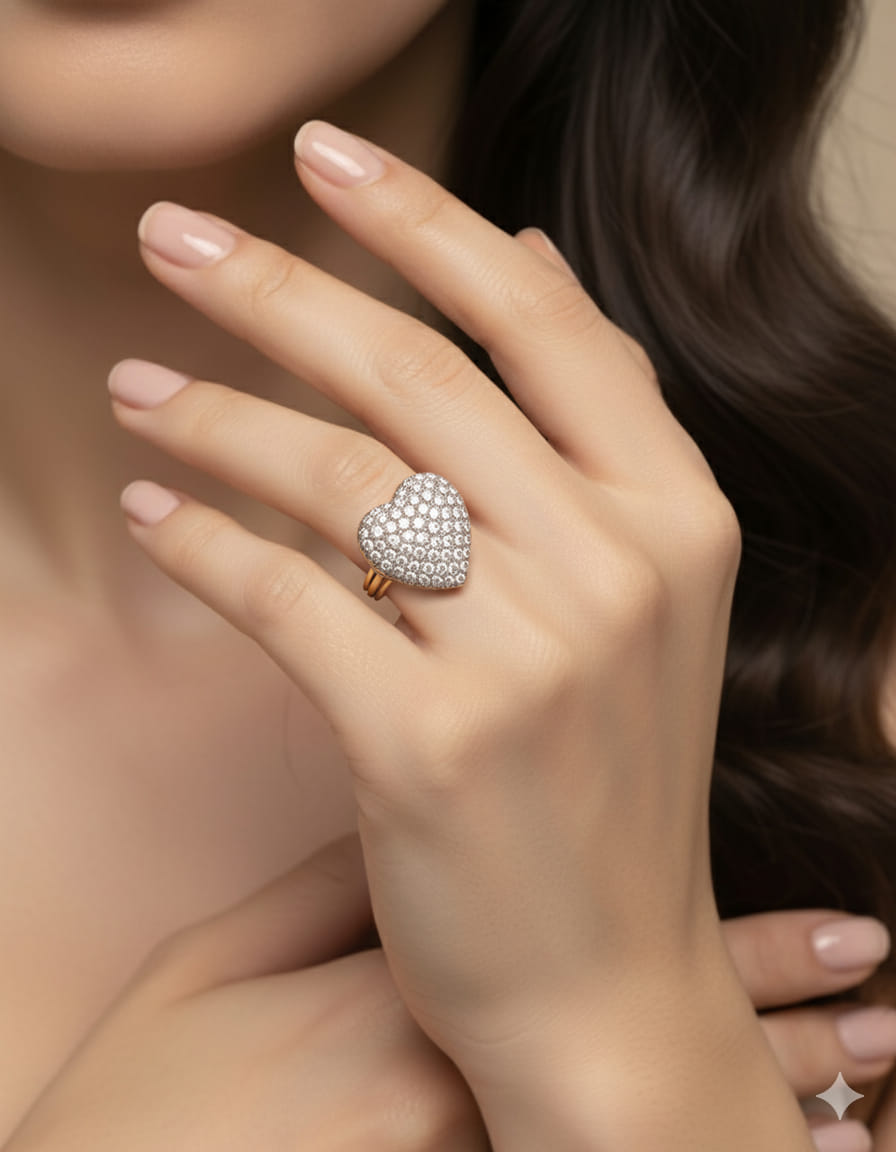 Anello cuore in oro giallo e bianco con pavè di diamanti-4