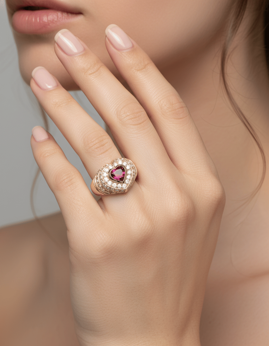 Anello cuore in oro giallo con rubino centrale e diamanti laterali-5