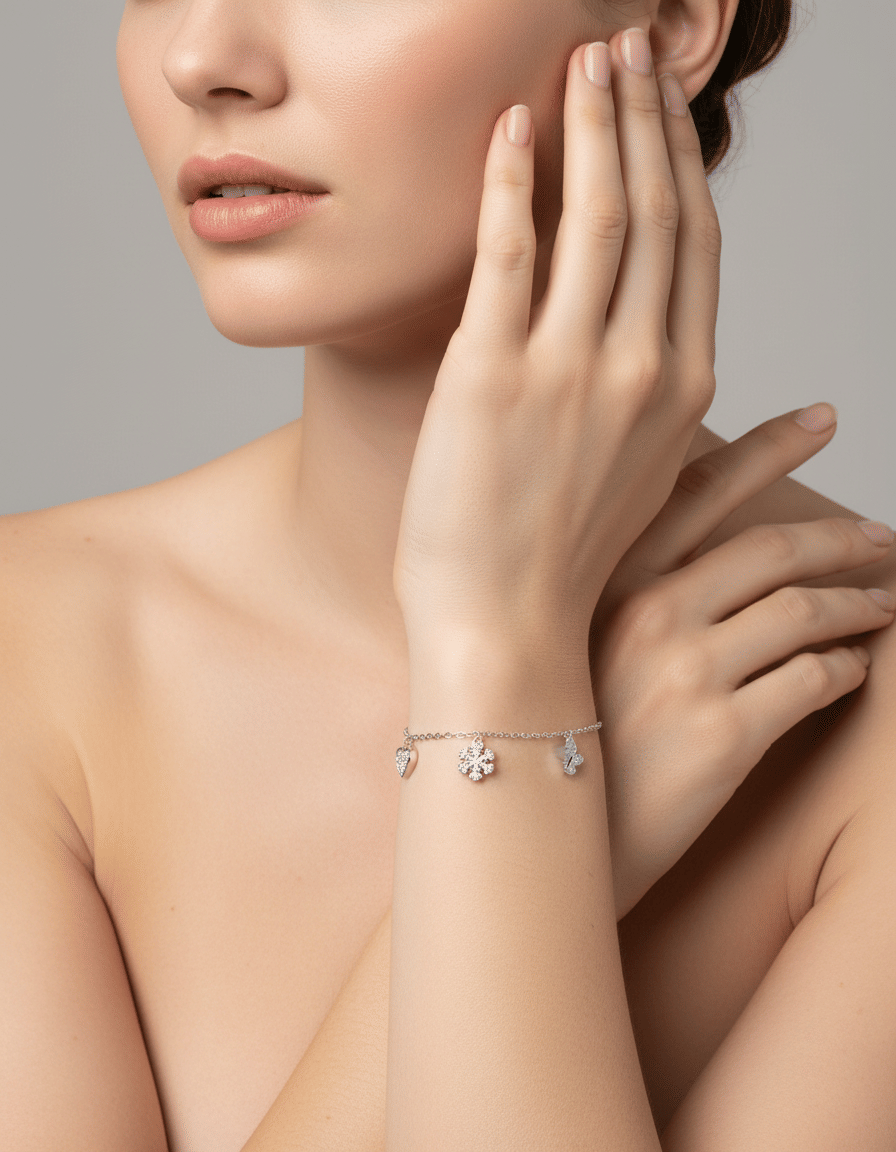 Bracciale salvini con forme cuore, farfalla e fiocco di neve in oro bianco e diamanti-3