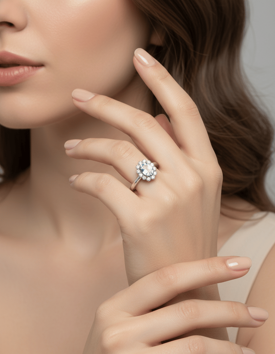 Anello fiore in oro bianco con acquamarina centrale e diamanti-5