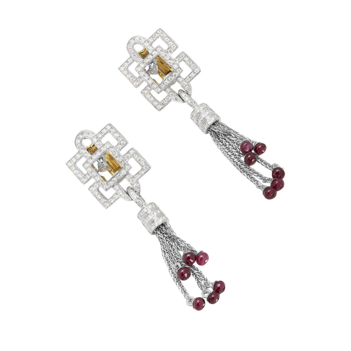 Orecchini pendenti in oro bianco e giallo con diamanti e rubini-1