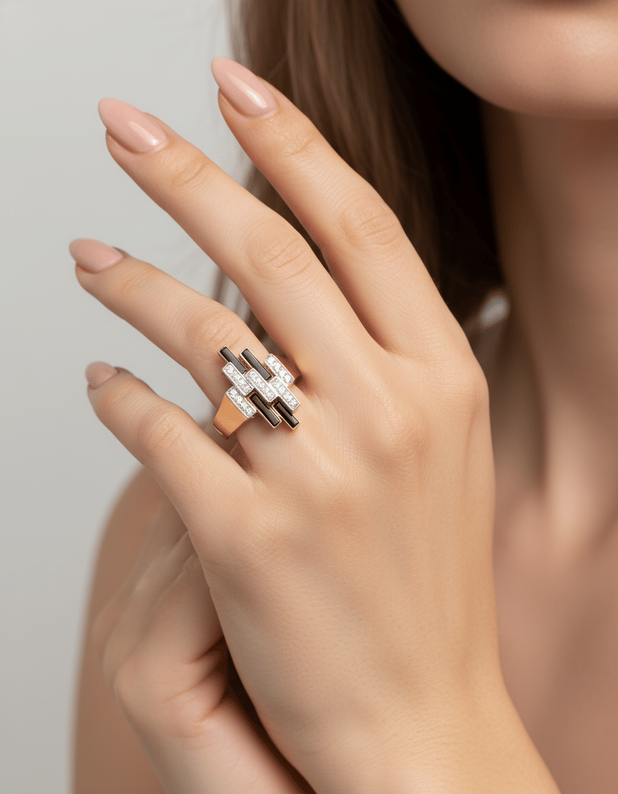 Anello design in oro giallo e bianco 14 kt con diamanti e onice-4