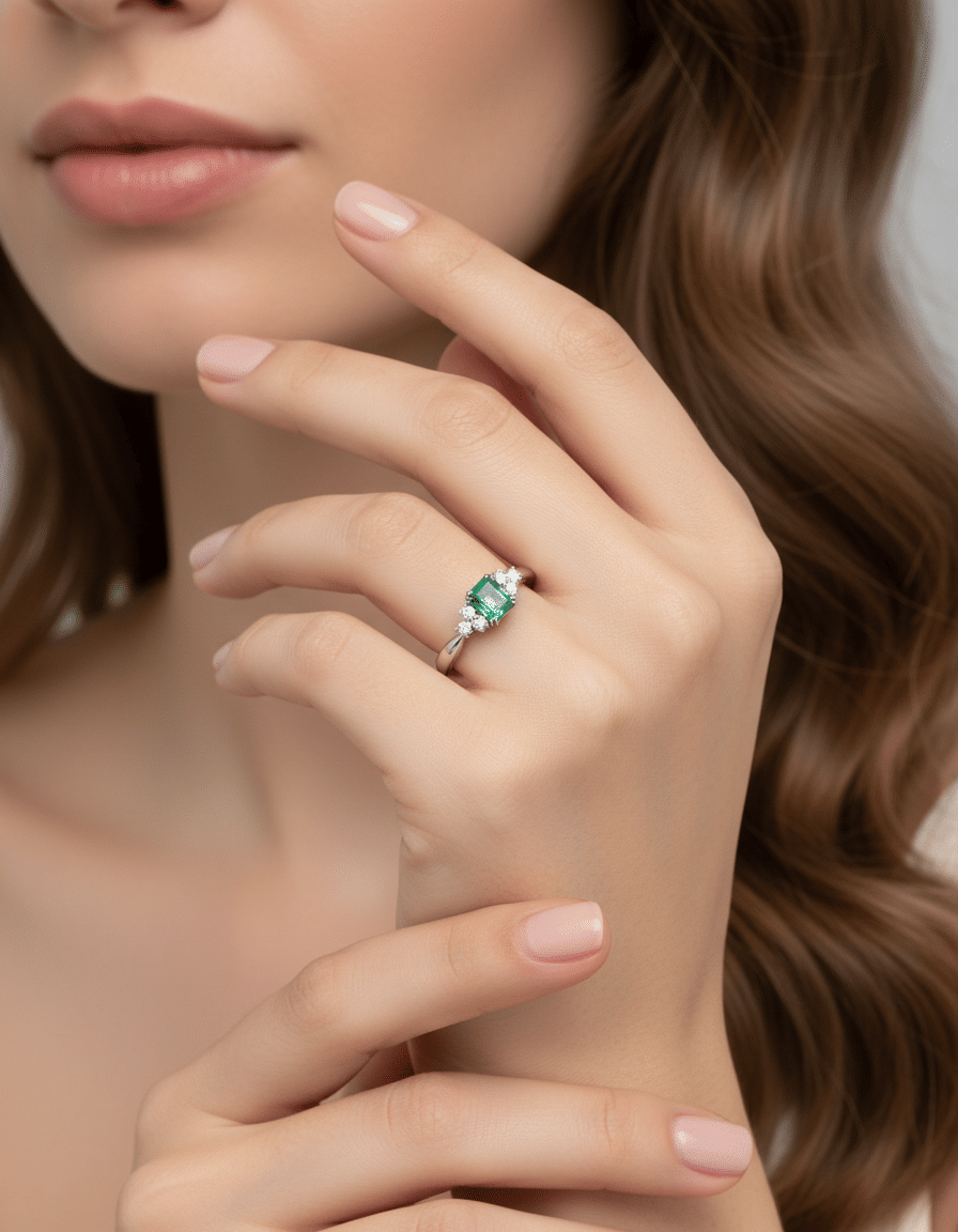 Anello oro bianco con smeraldo centrale e diamanti laterali-5