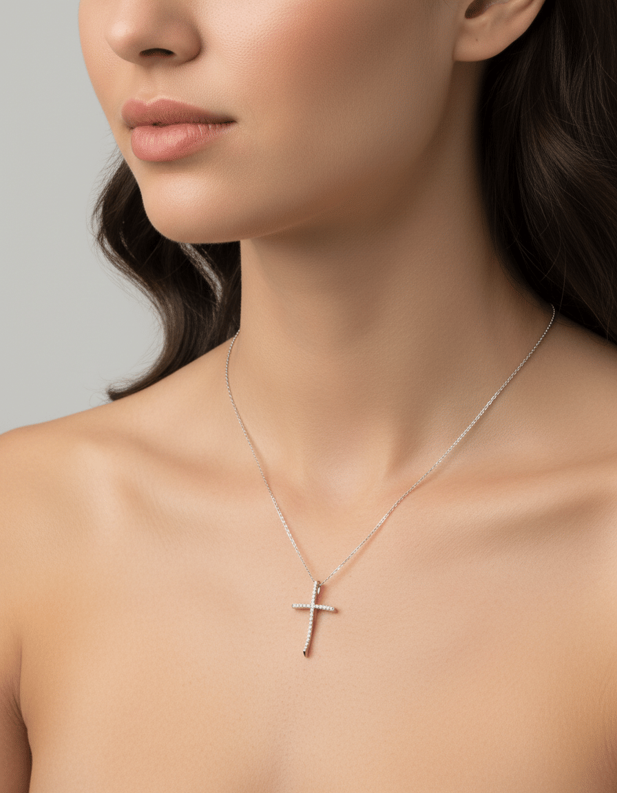 Collana con ciondolo croce ondulata in oro bianco e diamanti-3