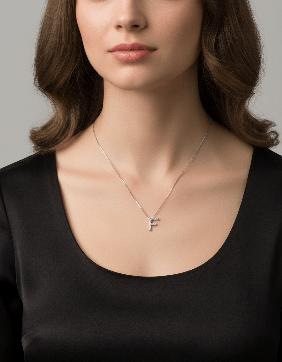 Collana con ciondolo lettera f in oro bianco e diamanti-3