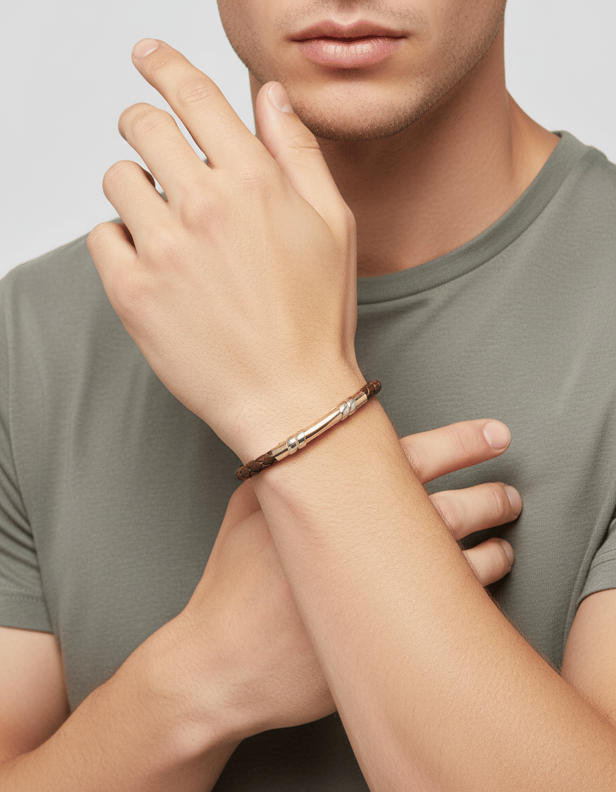 Bracciale con cuoio intrecciato marrone elementi in oro giallo e bianco-3