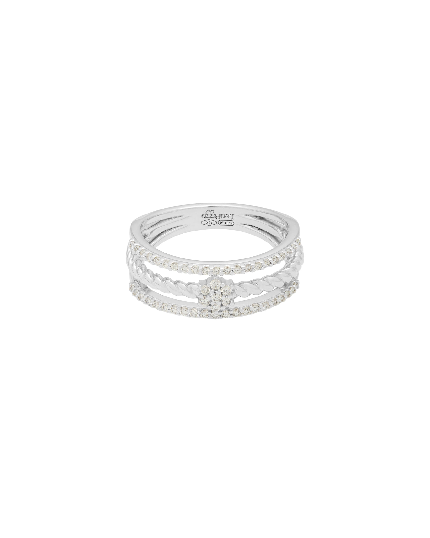 Anello fascia leopizzo traforata con diamantini laterali e fiore centrale con diamanti-1