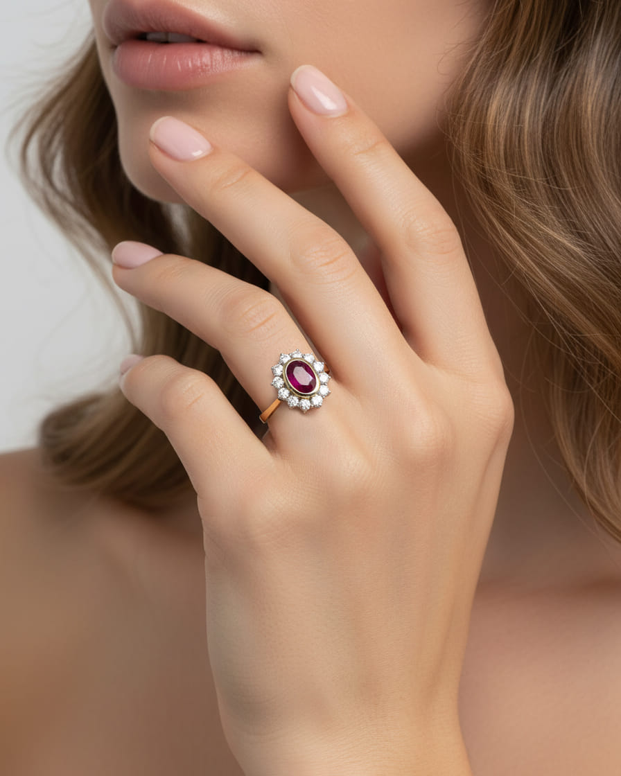 Anello con rubino centrale e diamanti di contorno in oro giallo e bianco 18 kt-5