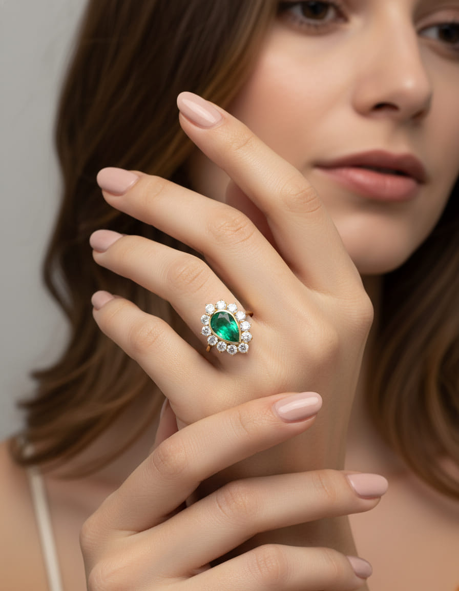 Anello oro giallo con smeraldo a goccia centrale e giro di diamanti-5