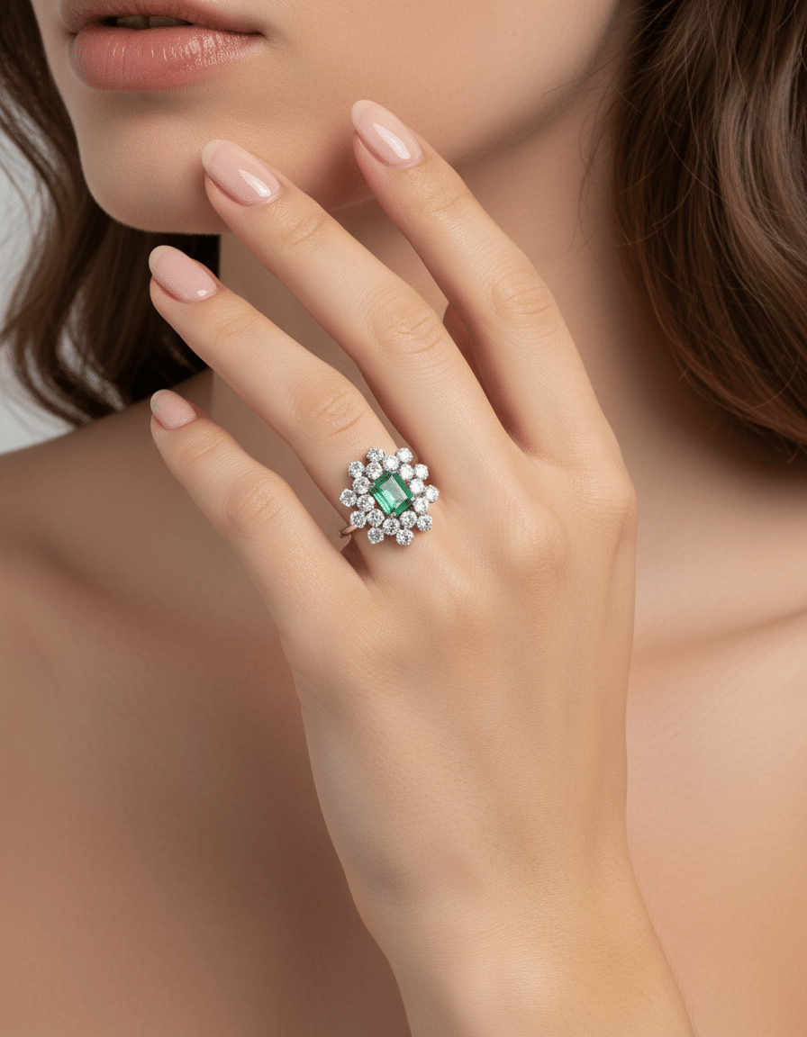 Anello oro bianco con smeraldo centrale e doppio giro di diamanti-5