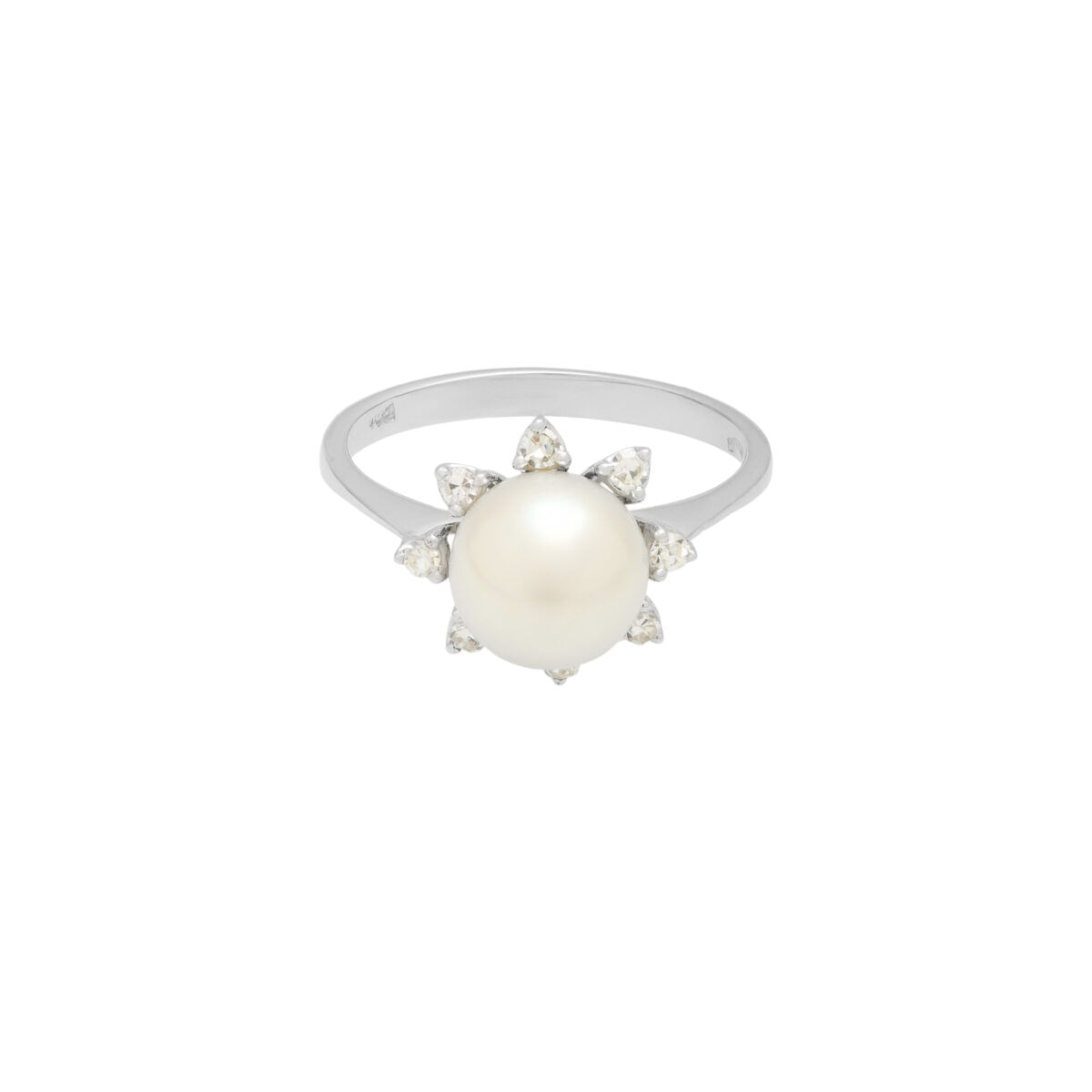 Anello fiore in oro bianco con perla centrale e giro di diamantini-1