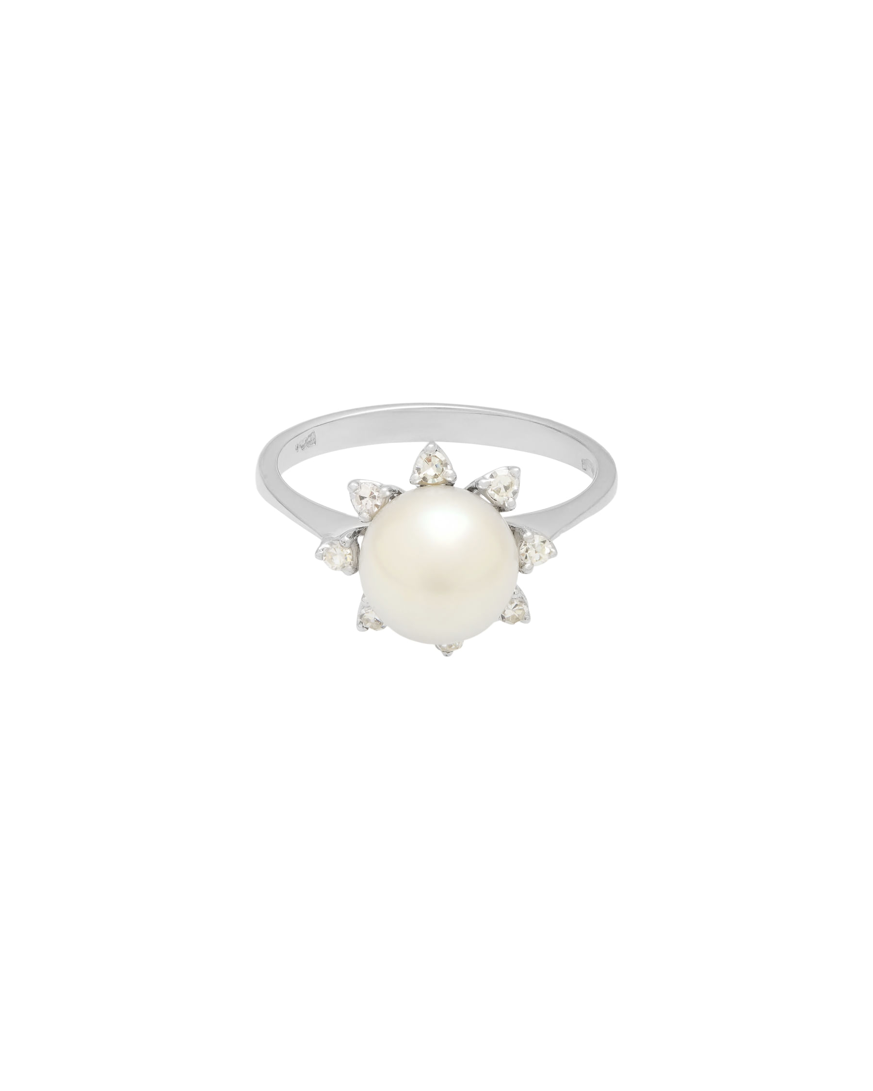 Anello fiore in oro bianco con perla centrale e giro di diamantini-1