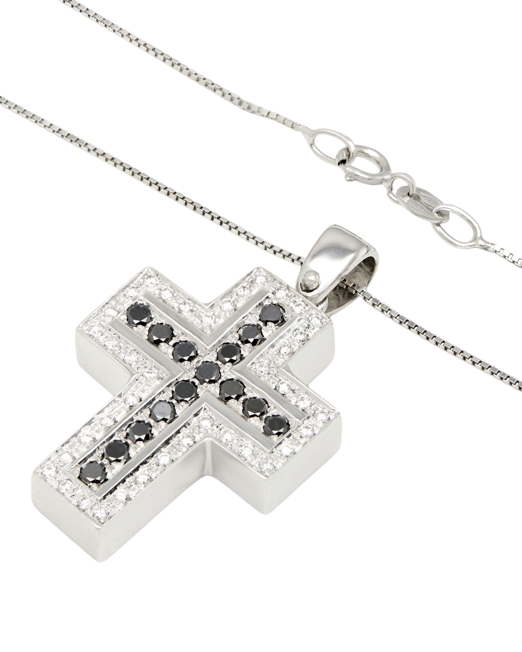 Collana con ciondolo croce in oro bianco con diamanti bianchi e neri-2