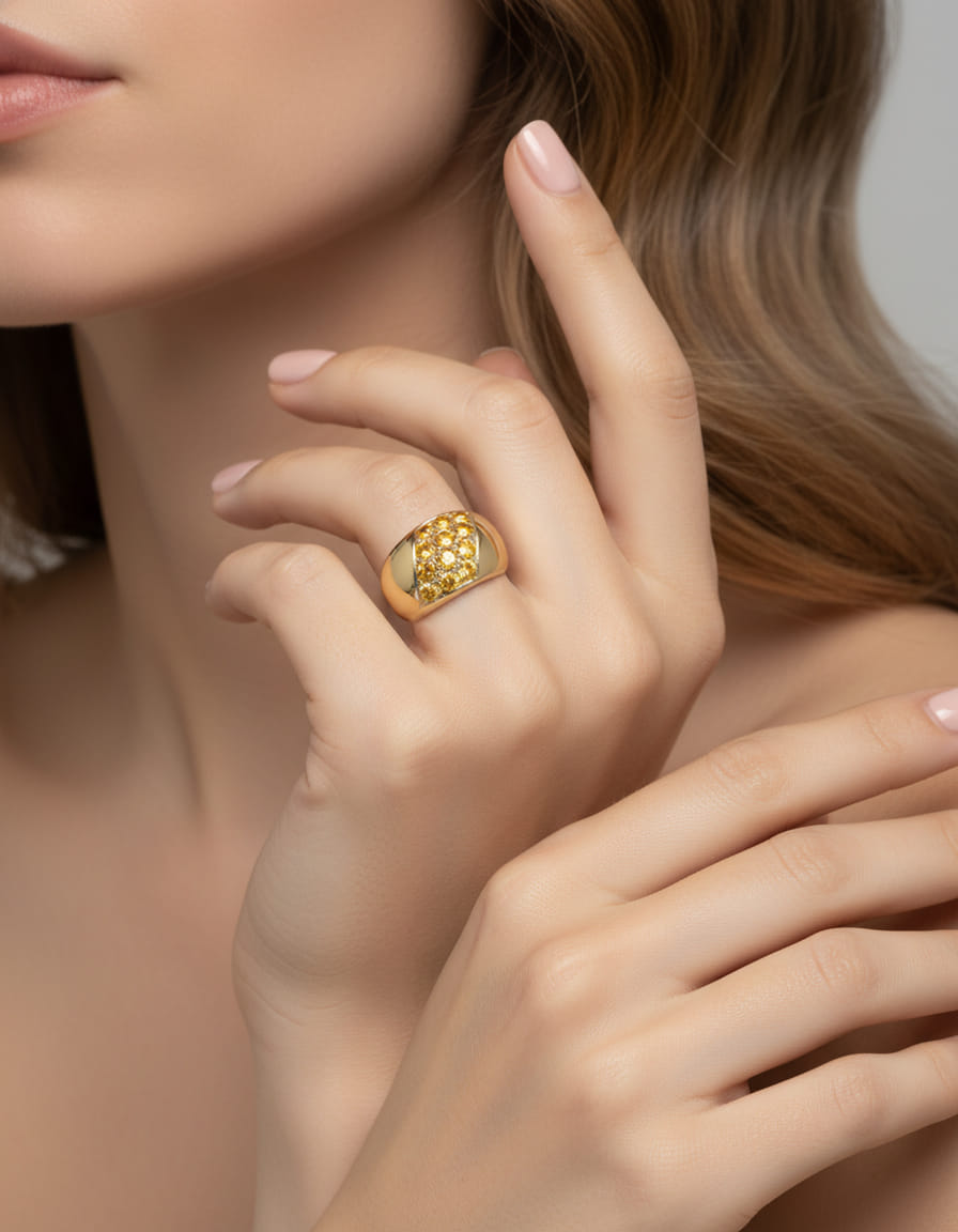 Anello fascia in oro giallo con pave’ di topazi centrali-4