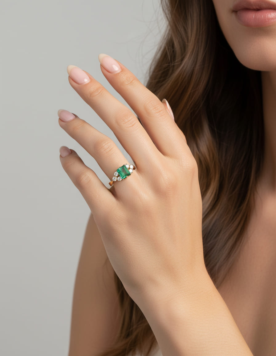 Anello oro giallo con smeraldo centrale e diamanti laterali-5