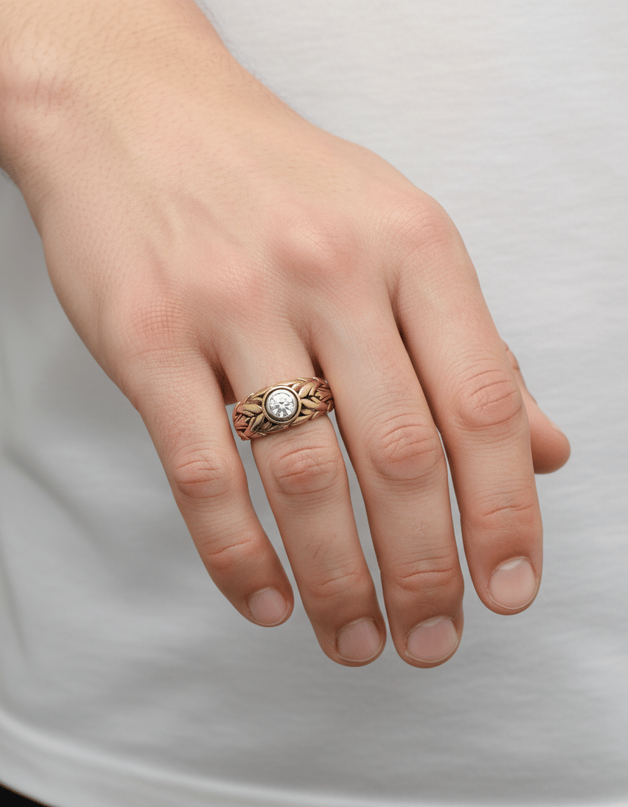 Anello lavorato cesellatura a foglia in oro giallo con castone centrale in argento con diamante-4