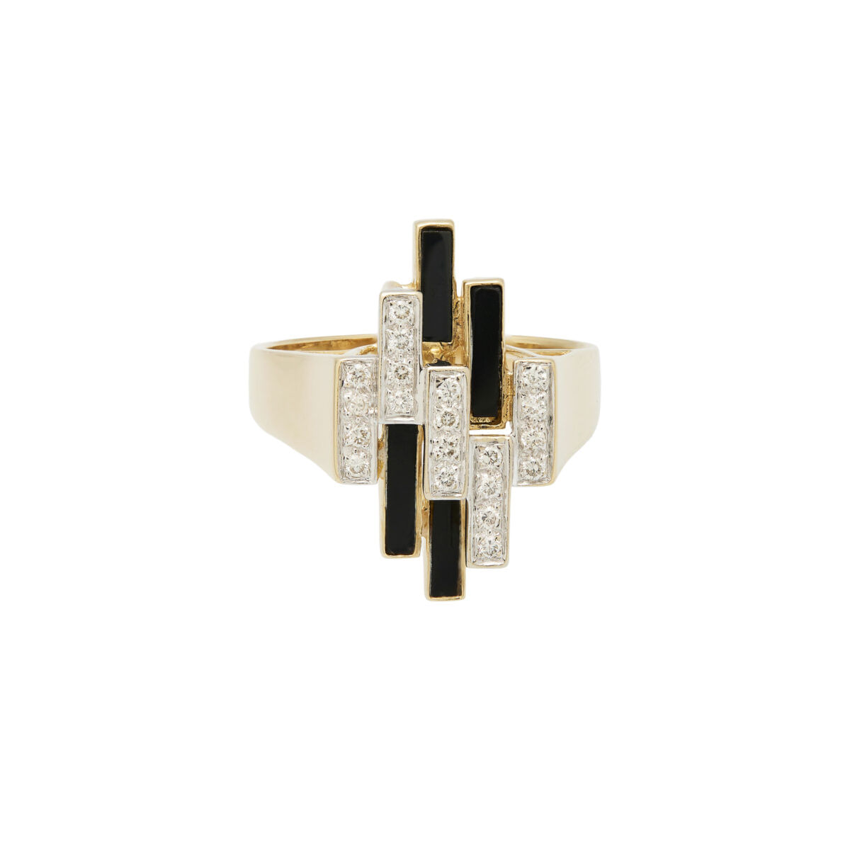 Anello design in oro giallo e bianco 14 kt con diamanti e onice-1