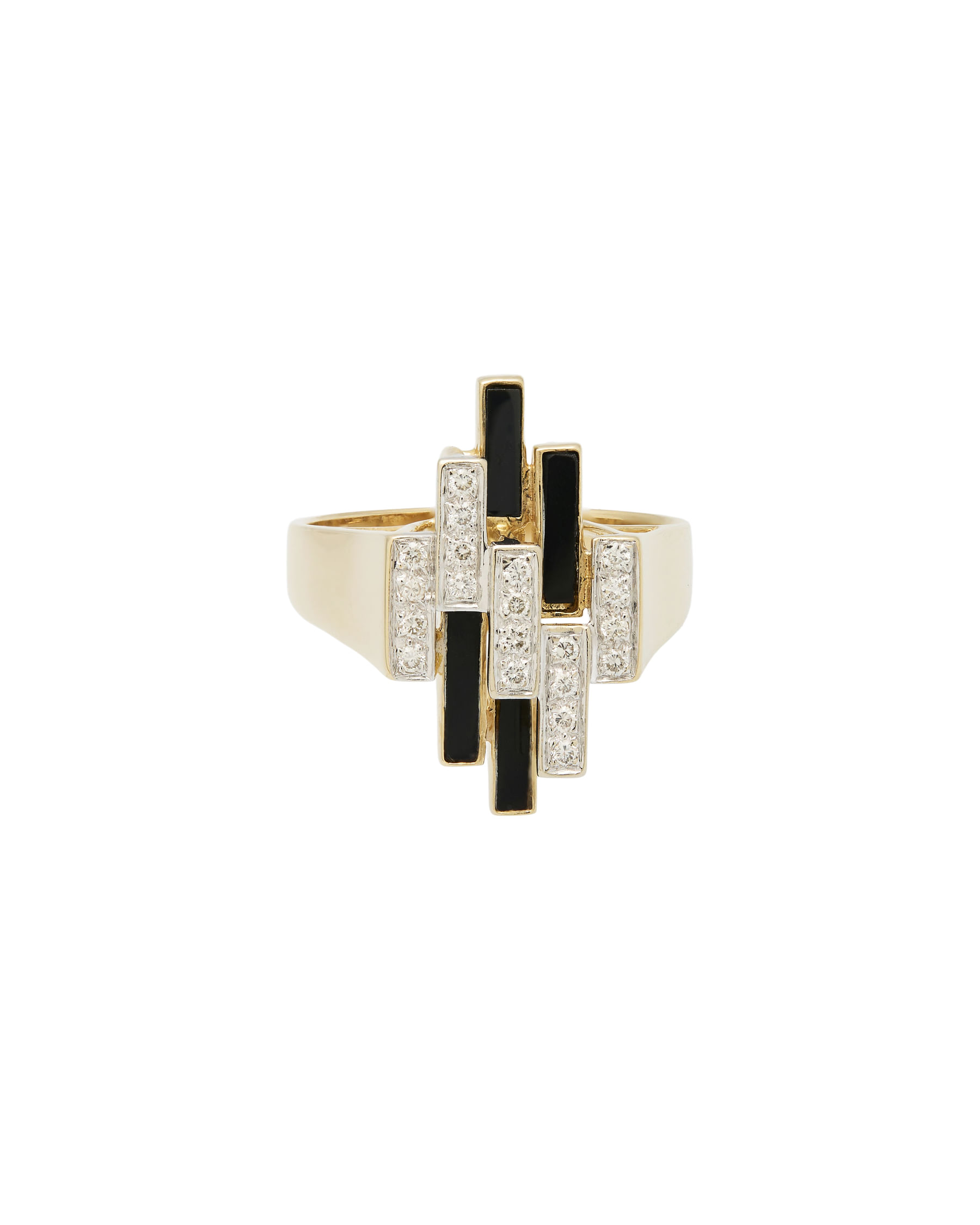 Anello design in oro giallo e bianco 14 kt con diamanti e onice-1