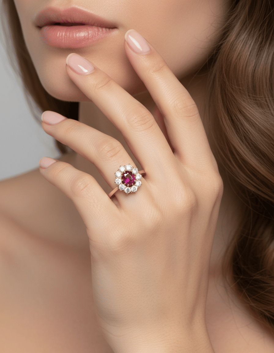 Anello fiore in oro giallo con rubino centrale e diamanti-5