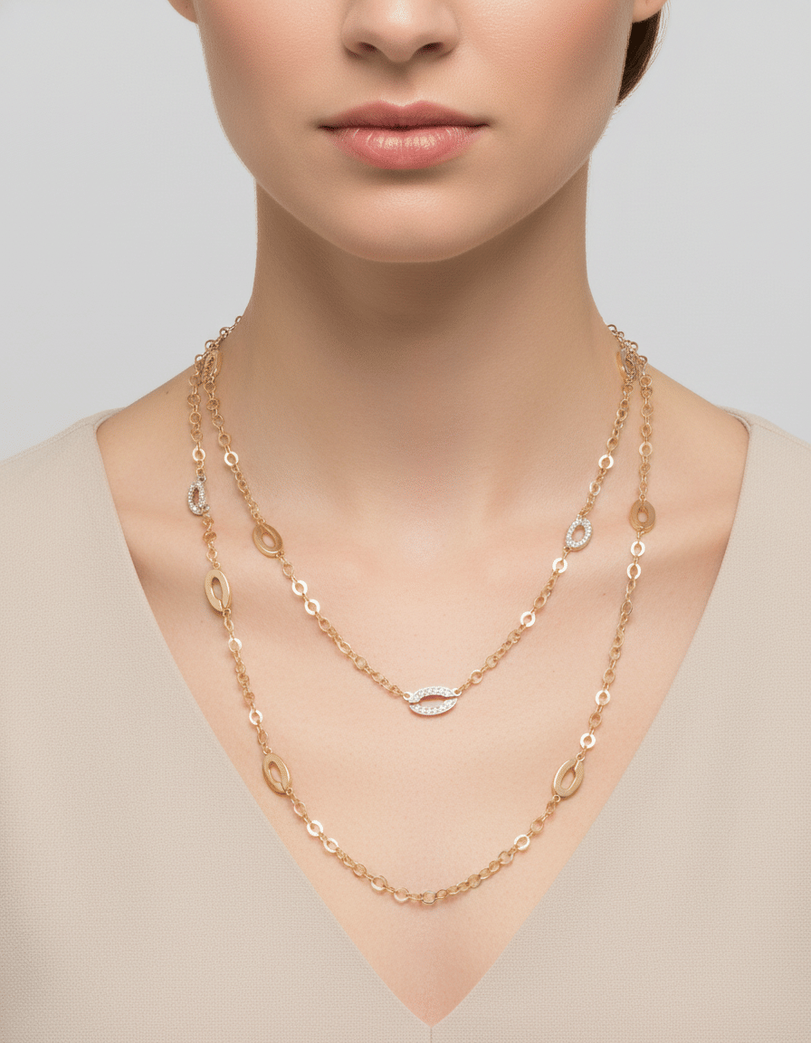 Collana lunga con elementi ovali in oro bianco con diamanti e oro rosa-4