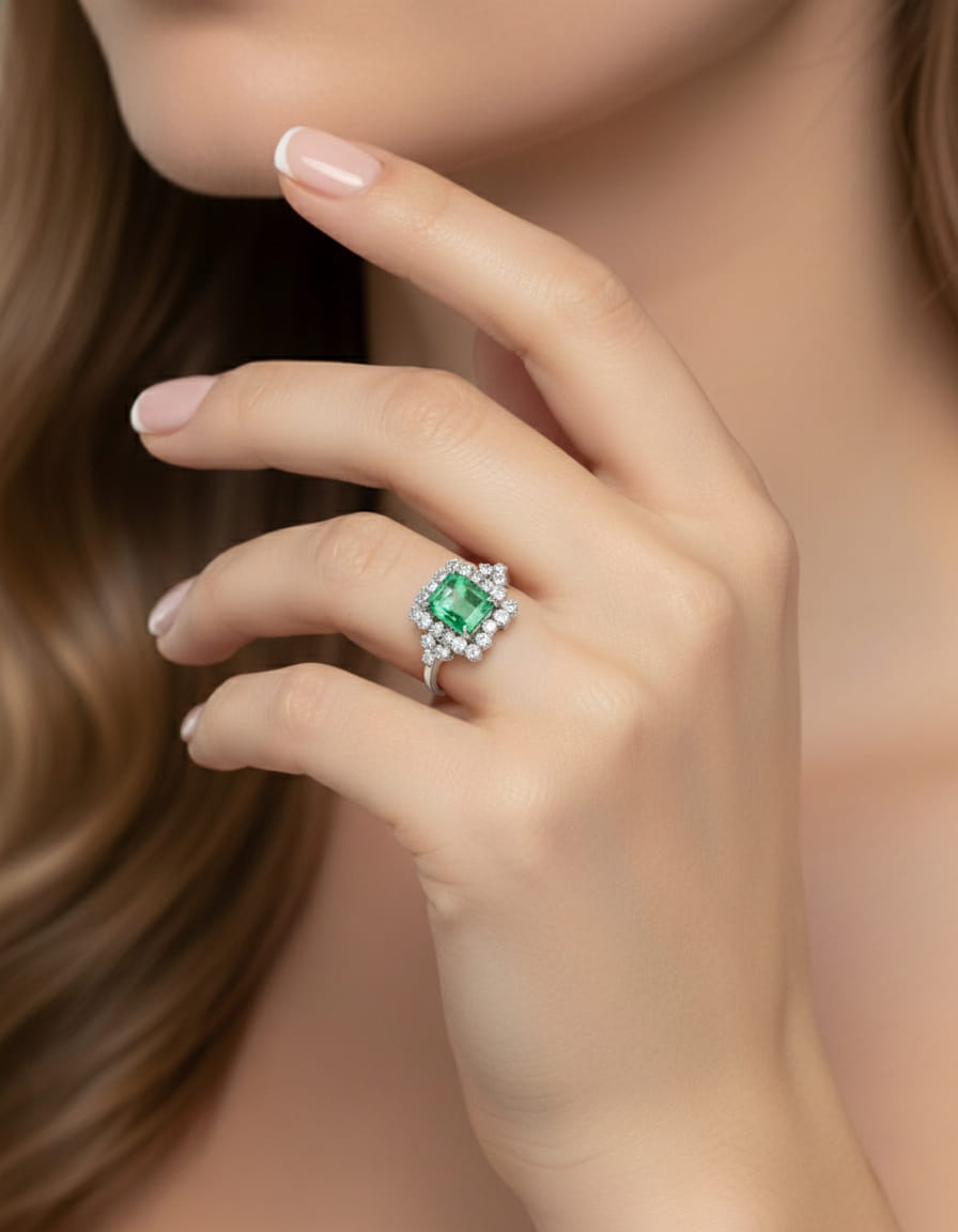 Anello in oro bianco con smeraldo taglio rettangolo e diamanti-5