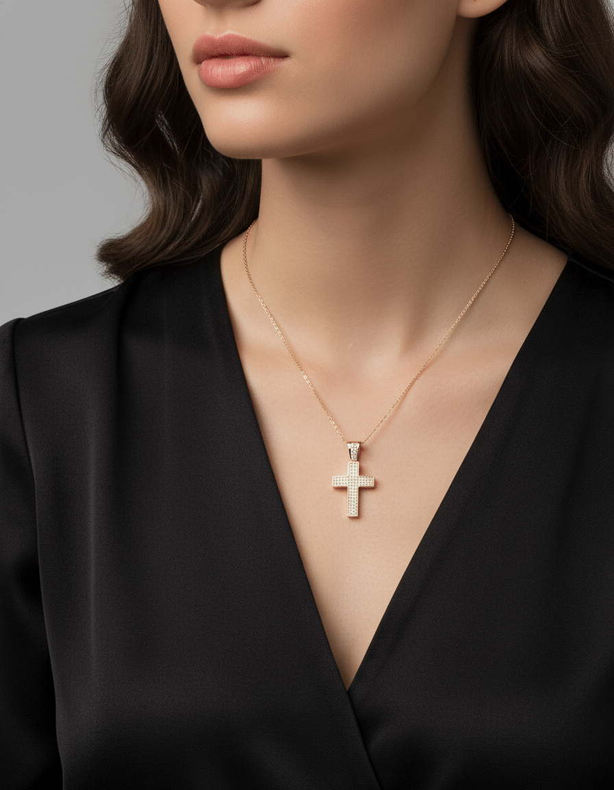 Ciondolo croce oro giallo 14 kt con pavè di diamanti-3