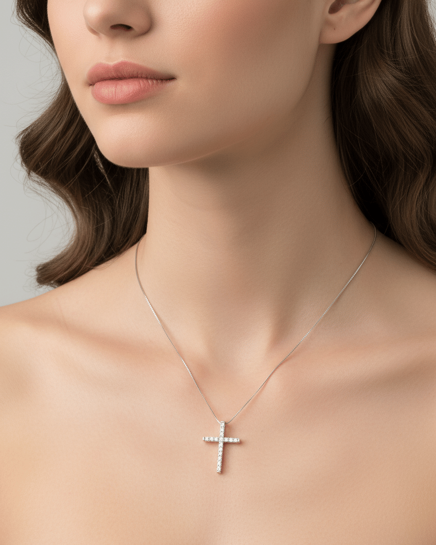 Catenina con ciondolo croce oro bianco e diamanti-3