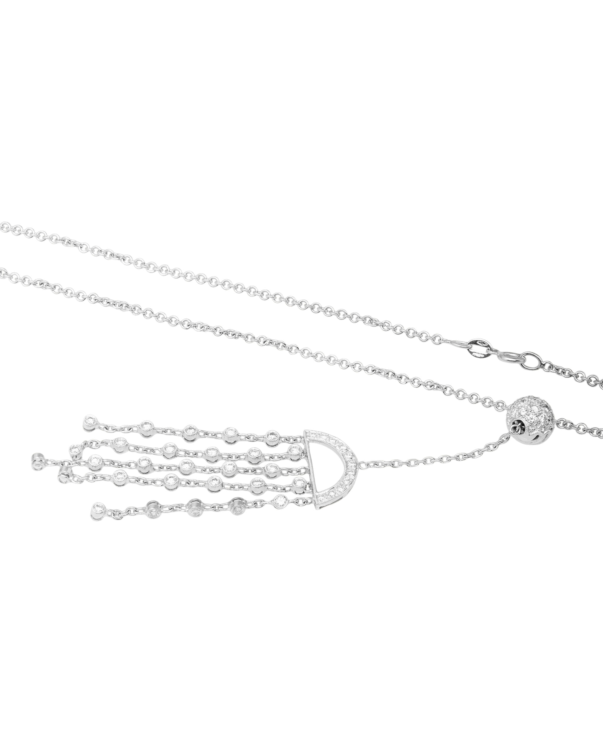 Collana in oro bianco con elemento a sfera e ciondolo mezza luna con diamanti pendenti-2