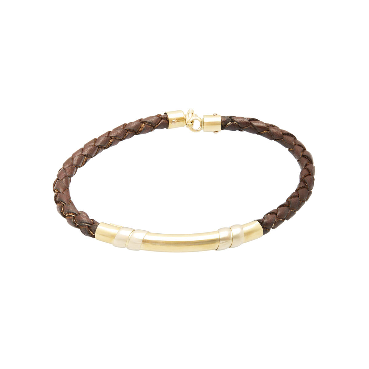 Bracciale con cuoio intrecciato marrone elementi in oro giallo e bianco-1