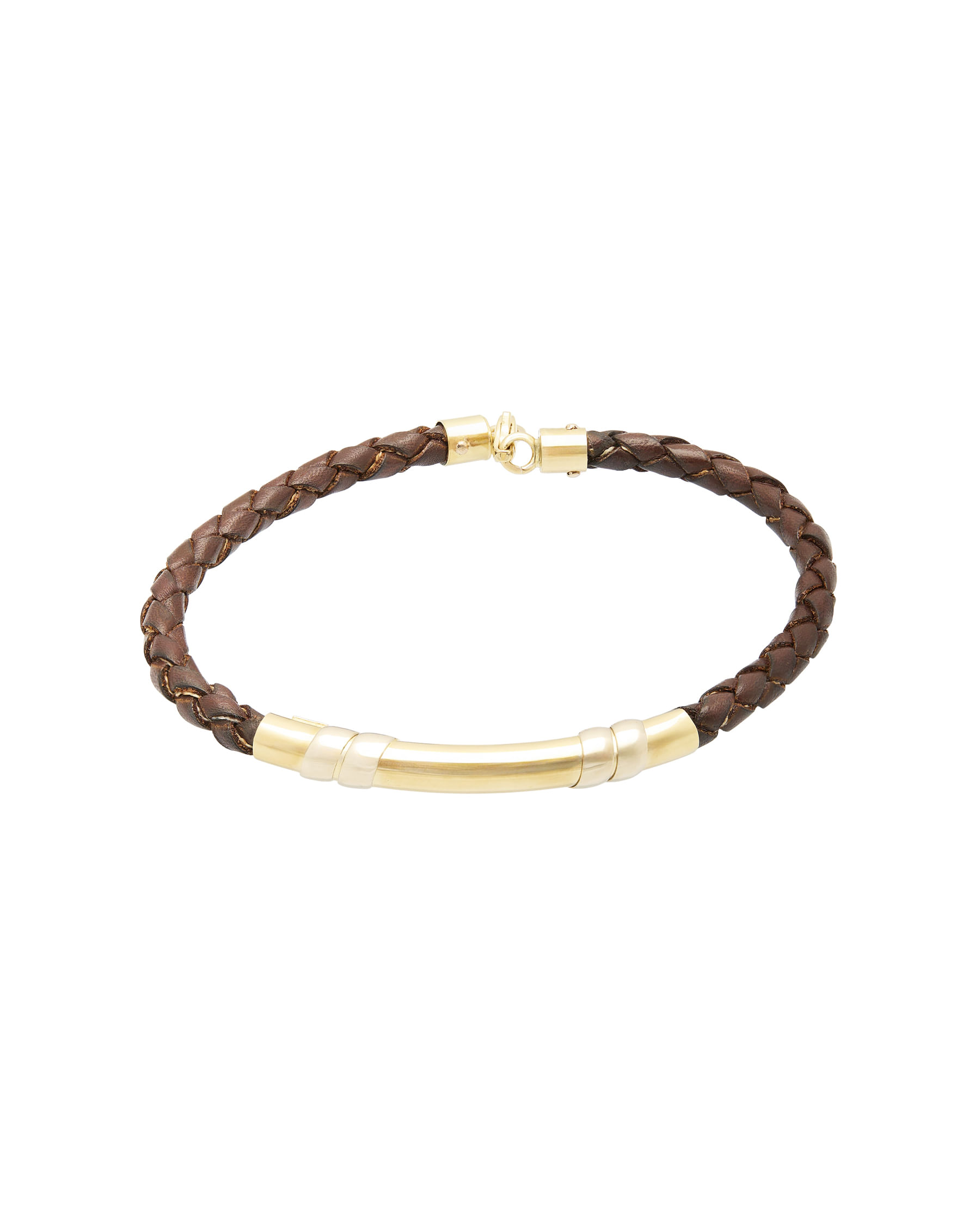Bracciale con cuoio intrecciato marrone elementi in oro giallo e bianco-1