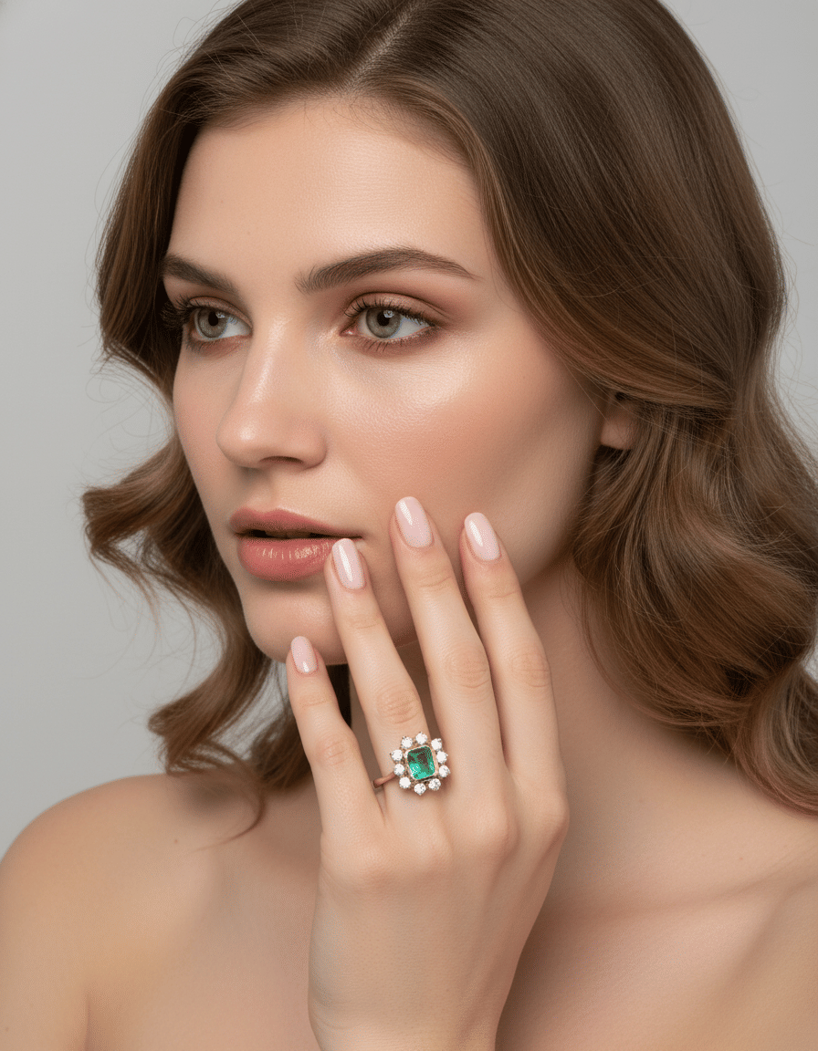 Anello fiore in oro giallo con giro di diamanti e smeraldo centrale-5