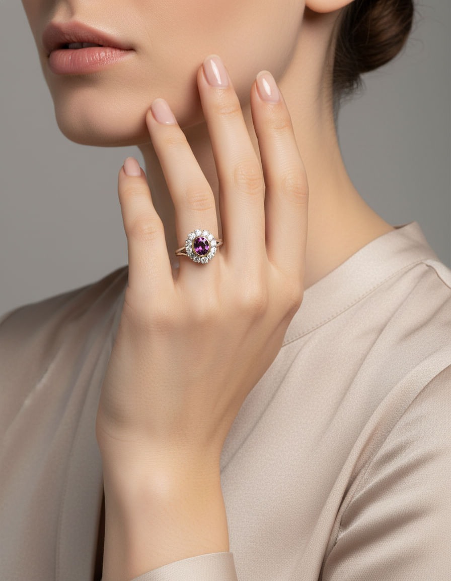 Anello fiore oro bianco e giallo con gambo ondulato rubino e diamanti-5