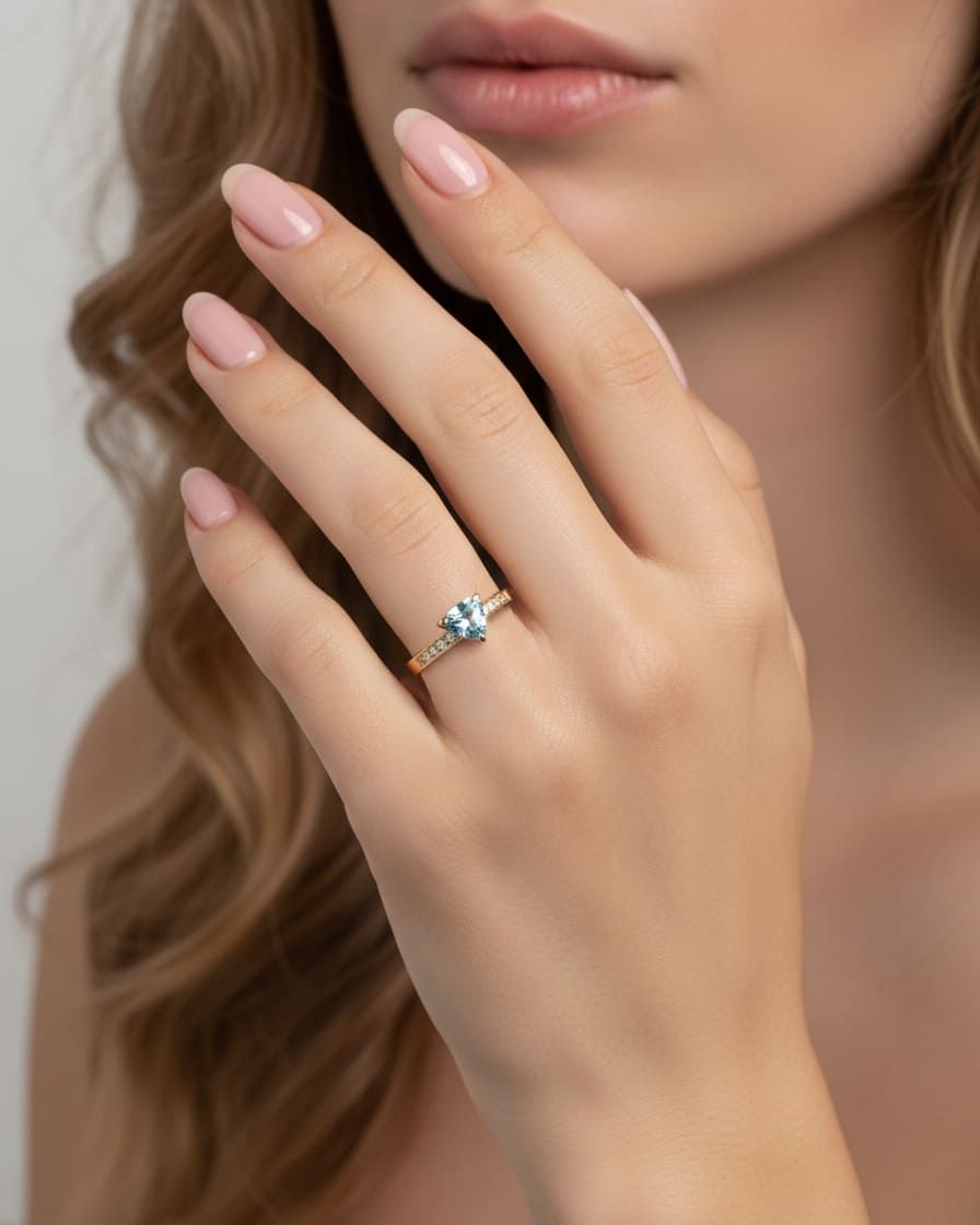 Anello triangolo in oro giallo con acquamarina e diamanti laterali-5