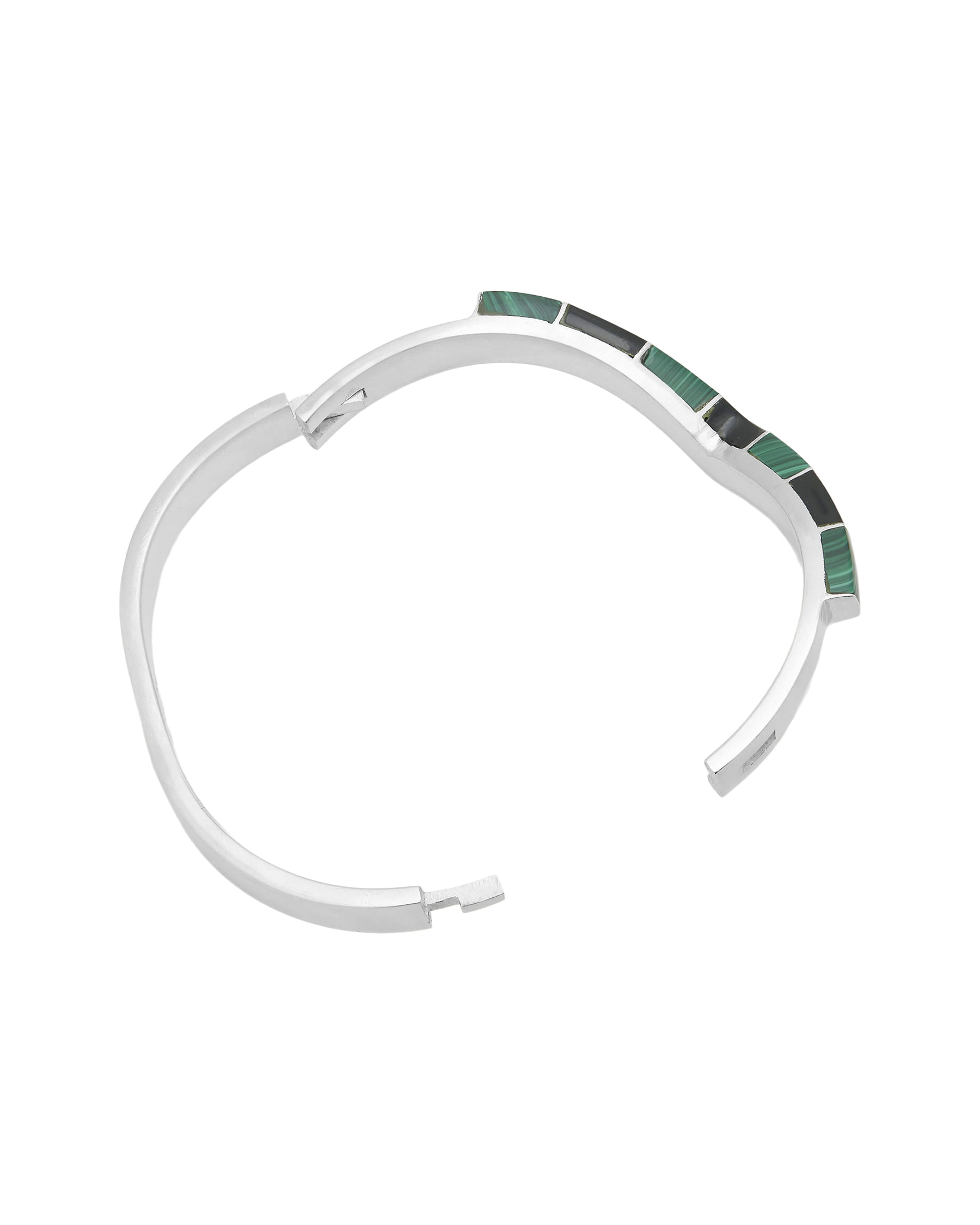 Bracciale rigido in argento messicano di forma v con malachite e onice-2