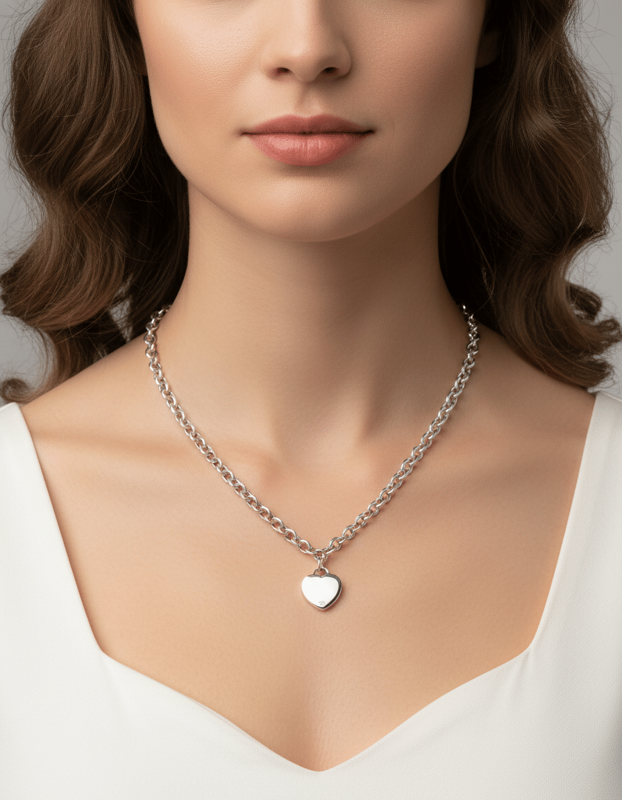 Collana in argento con maglia rolò grande e ciondolo cuore-3
