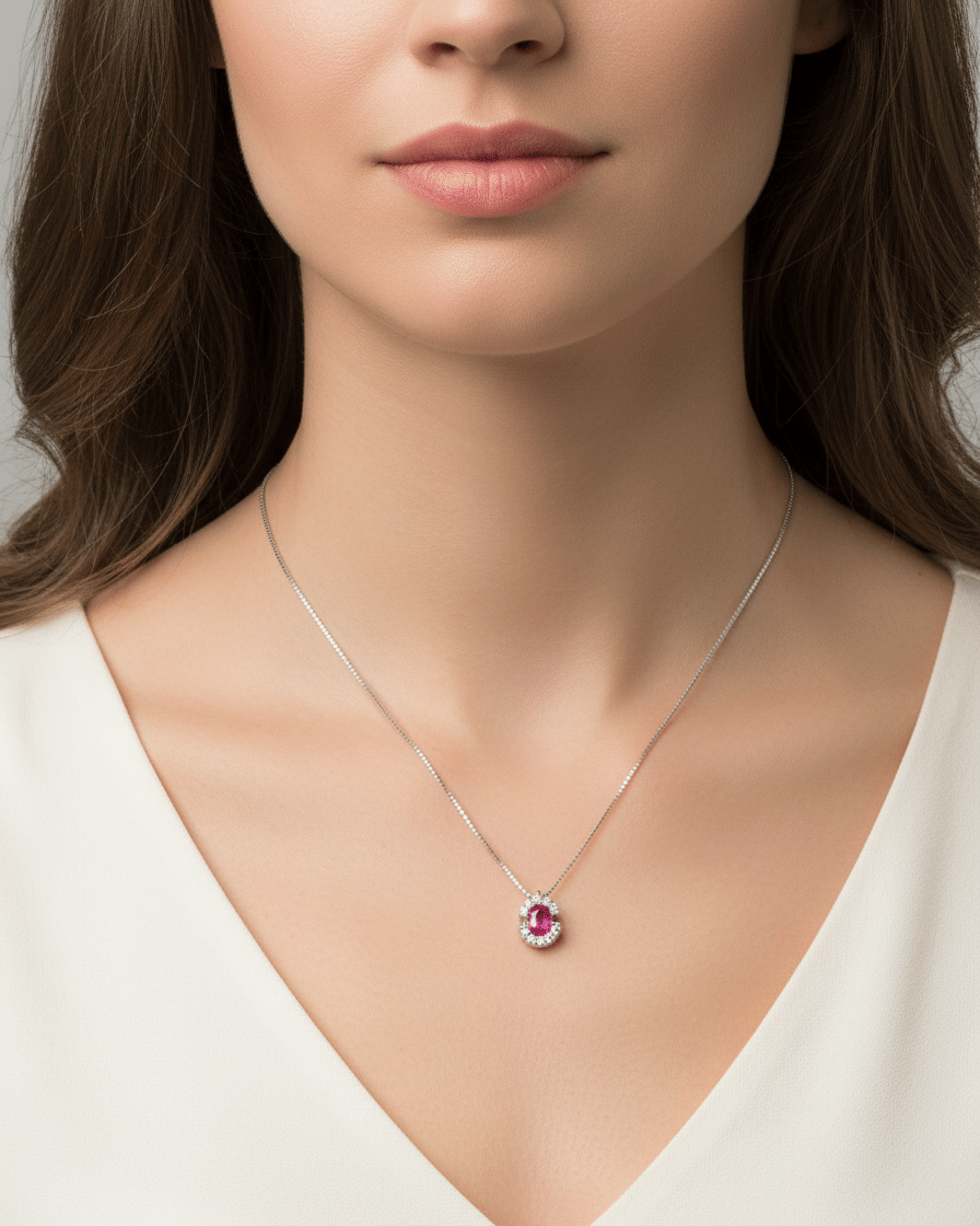 Collana con ciondolo doppia c in oro bianco con rubino e diamanti-4