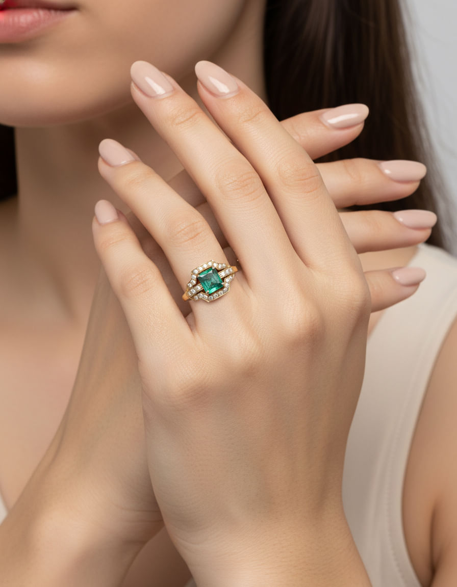 Anello geometrico in oro giallo con smeraldo centrale e diamanti-5